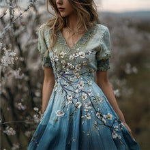 Load image into Gallery viewer, Almond Blossom Embroidered Gradient Linen Maxi Dress