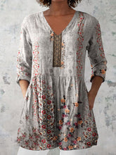 Load image into Gallery viewer, Women's Retro Floral Art Print Casual Cotton And Linen V-neck Top