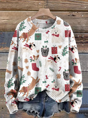 Christmas animals Bow dog gift Christmas tree Print Knit Pullover Sweater