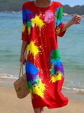 Load image into Gallery viewer, Women's Casual  Round Neck Mid Sleeve Print Cotton and Linen Dress