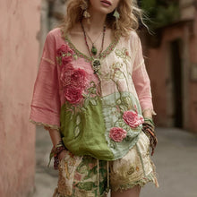 Load image into Gallery viewer, Women's Vintage Floral Embroidery Art V Neck Linen Comfy T-shirt
