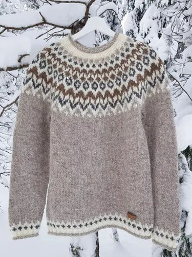 Vintage Icelandic Knit Jacquard Islender Crew Neck Sweater（Unisex）