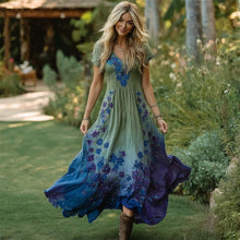 Load image into Gallery viewer, Boho Scottish Thistle Embroidered Women's Short Sleeve Maxi Dress