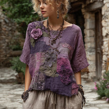 Load image into Gallery viewer, Vintage Purple Patchwork Rose Art Round Neck Loose T-shirt