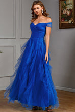 Load image into Gallery viewer, Wedding Guest Royal Blue Tulle Off The Shoulder Layered Maxi Dress