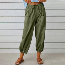 Load image into Gallery viewer, High Waisted Button Cotton Linen Wide Leg Cropped Pants