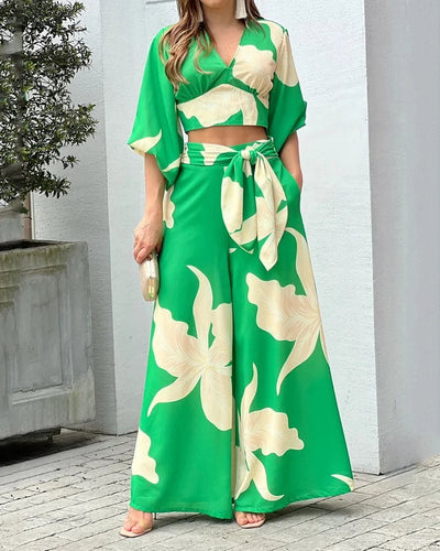 Fashion Print V-Neck Long Sleeve Tops & Wide Leg Pants Two-Piece Set