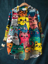 Load image into Gallery viewer, Women&#39;s Colorful Cat Print Casual Cotton And Linen Shirt