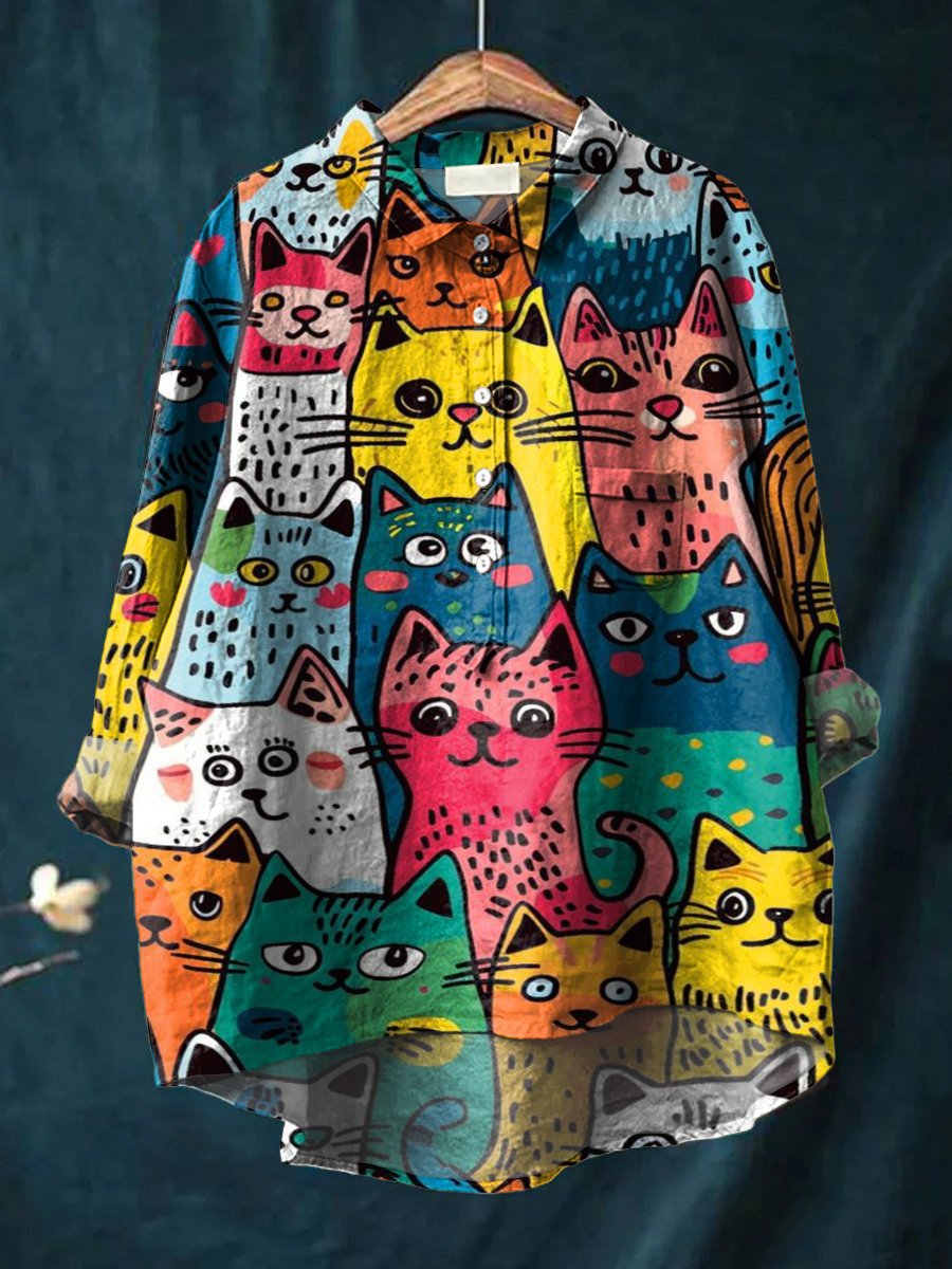 Women's Colorful Cat Print Casual Cotton And Linen Shirt