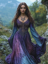Load image into Gallery viewer, Vintage Viking Tribal Celtic Knot Art Linen V-neck Maxi Dress