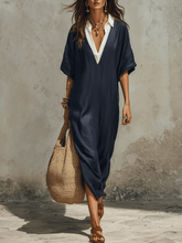Load image into Gallery viewer, Relaxed Bohemian Deep-V Navy Maxi Dress