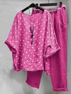 Casual Polka Dot Crew Neck Blouse & Pocket Pants 2Pcs Set