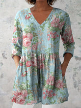 Load image into Gallery viewer, Women's Retro Floral Art Print Casual Cotton And Linen V-neck Top