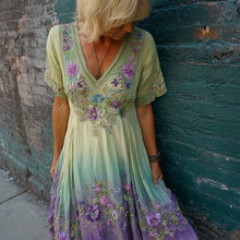 Load image into Gallery viewer, Purple Floral Embroidered Gradient Flowy Linen Maxi Dress
