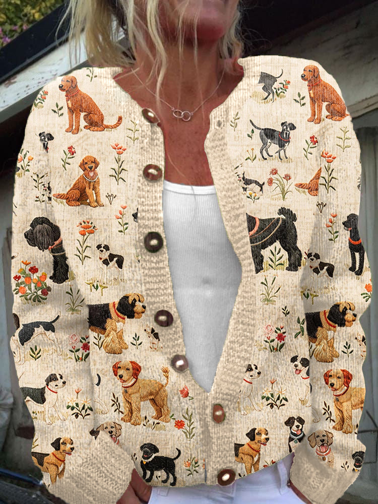 Dogs Floral Embroidery Pattern Cozy Knit Cardigan