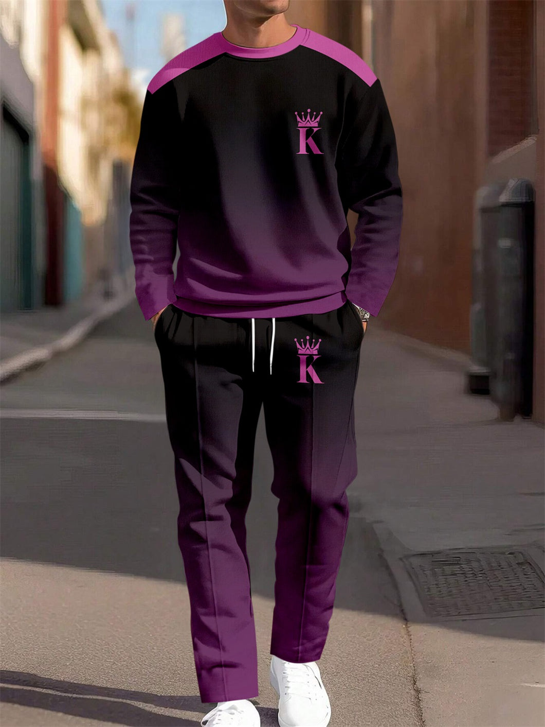 Men's Purple Gradient Round Neck Casual Sports Set 038
