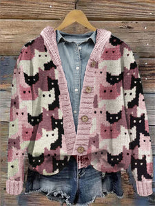 Crowded Cats Pink Knit Art Cozy Hooded Cardigan