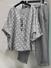 Load image into Gallery viewer, Casual Polka Dot Crew Neck Blouse &amp; Pocket Pants 2Pcs Set