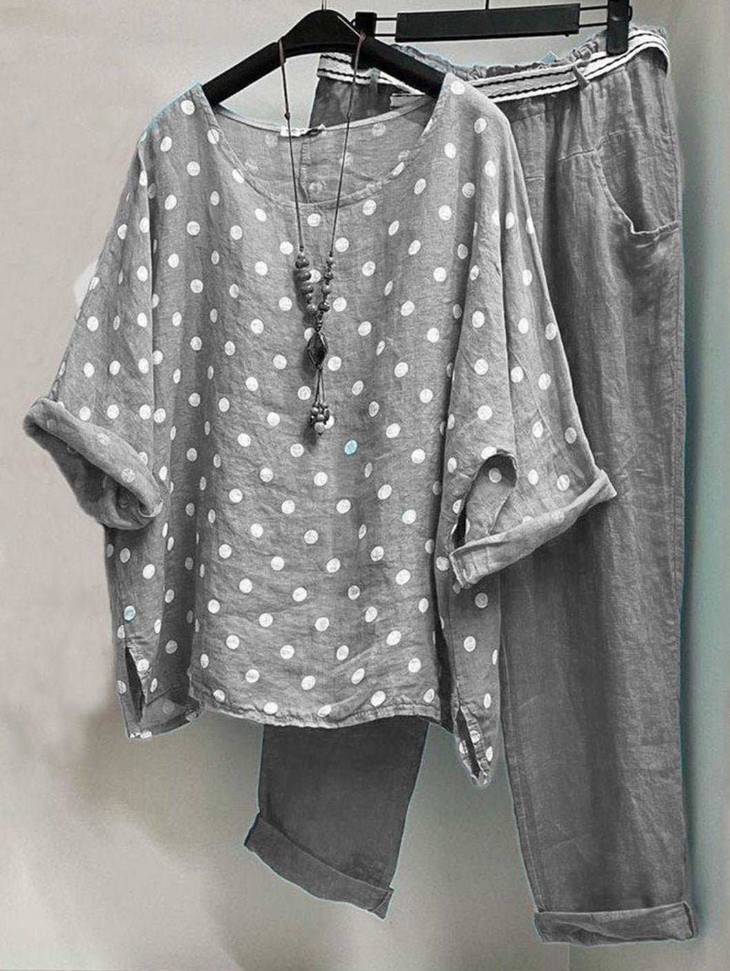 Casual Polka Dot Crew Neck Blouse & Pocket Pants 2Pcs Set