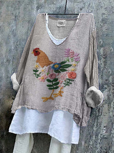 Vintage Floral Chicken Embroidery Pattern Farmer Cozy Linen Blend Shirt