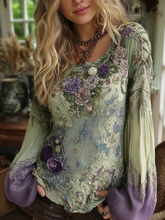 Load image into Gallery viewer, Vintage Classic Purple Lavender And Floral Embroidered Linen Long Sleeve Shirt
