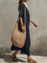 Load image into Gallery viewer, Relaxed Bohemian Deep-V Navy Maxi Dress