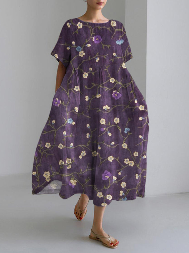 Purple Vineman Floral Art Linen Maxi Dress