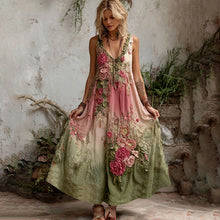 Load image into Gallery viewer, Women Vintage Floral Art V Neck Linen Maxi Dress