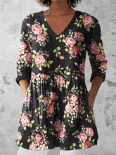 Load image into Gallery viewer, Women's Retro Floral Art Print Casual Cotton And Linen V-neck Top