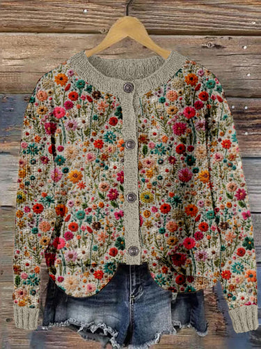 Field of Flowers Embroidery Art Cozy Knit Cardigan