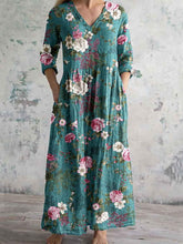 Load image into Gallery viewer, Women's Elegant Rose Floral Print V-Neck Cotton and Linen Dress with Pockets