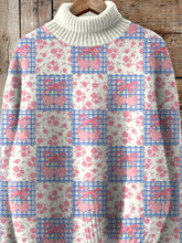 Load image into Gallery viewer, Lovely Cherry And Bow Tie Check Style Pattern Printed Knit Turtleneck Pullover Sweater