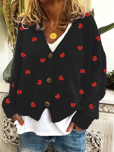 Ladybug Insect Embroidery Cozy Knit Cardigan