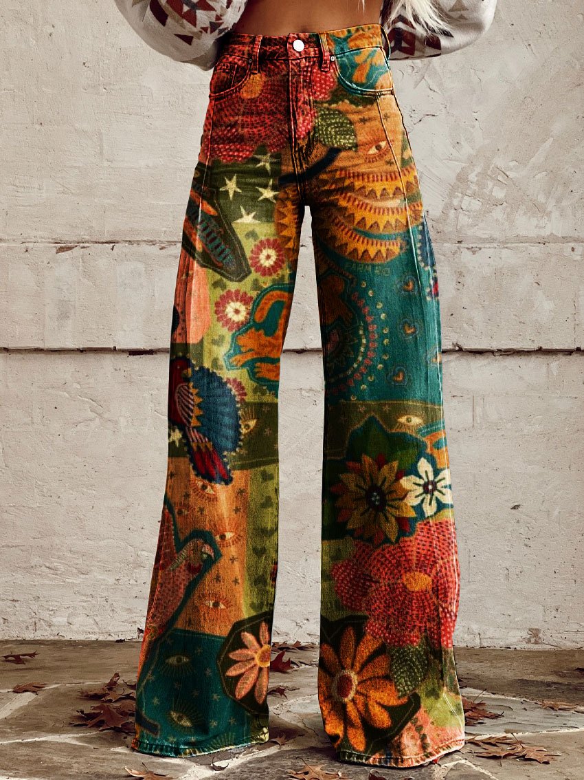 Women's Vintage Print Casual Wide Leg Pants