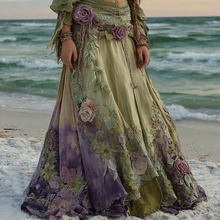 Load image into Gallery viewer, Vintage Purple Floral Patchwork Art Flowy Casual Linen Skirt