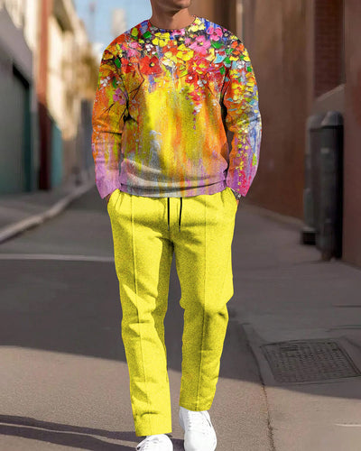 Men's Bright Floral Round Neck Casual Sports Suit