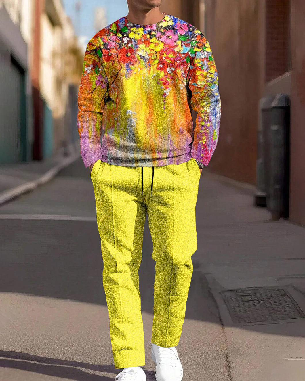 Men's Bright Floral Round Neck Casual Sports Suit