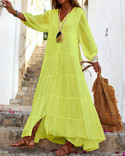 Load image into Gallery viewer, Boho Solid V-Neck Loose Long Sleeve Linen Dress