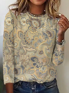 Women Casual Paisley Autumn Jersey Long sleeve Crew Neck T-shirt