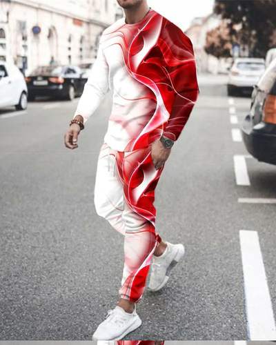 Men's casual gradient print color matching long-sleeved sports set 014