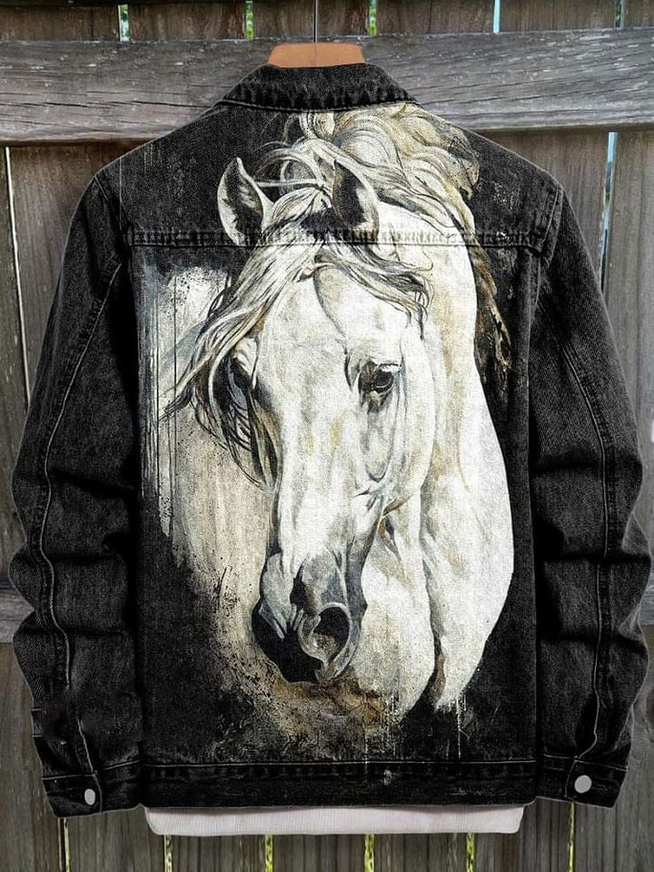 Horse Art Print Casual Denim Jacket