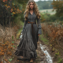 Load image into Gallery viewer, Women's Retro V-neck Country Pastoral Linen Style Long-sleeve Casual Maxi Long Dress