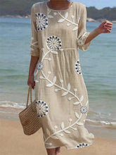 Load image into Gallery viewer, Women's Casual  Round Neck Mid Sleeve Print Cotton and Linen Dress