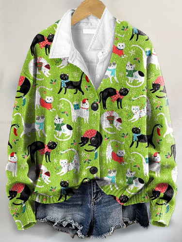 Cute Cat Art Print Buttoned V-neck Cardigan Sweater