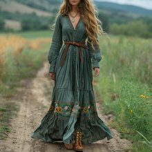 Load image into Gallery viewer, Women's Vintage V-neck Bohemian Pastoral Style Long-sleeved Maxi Long Dress