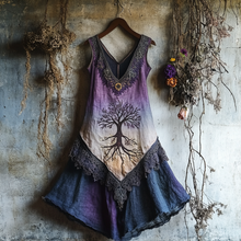 Load image into Gallery viewer, Vintage Viking Tribal Celtic Knot Life Of Tree Lace Patchwork Art Linen Tank Dress