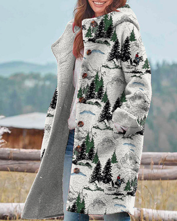 Vintage Christmas Pine Forest Hooded Casual Jacket