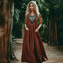 Load image into Gallery viewer, Women&#39;s Retro Flower Sub-Patterned Sleeveless Linen Maxi Dress