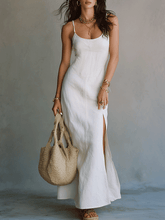 Load image into Gallery viewer, Elegant White Minimal Strappy Slit Maxi Dress