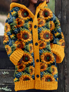 Classic Sunflowers Embroidery Art Cozy Knit Hooded Cardigan